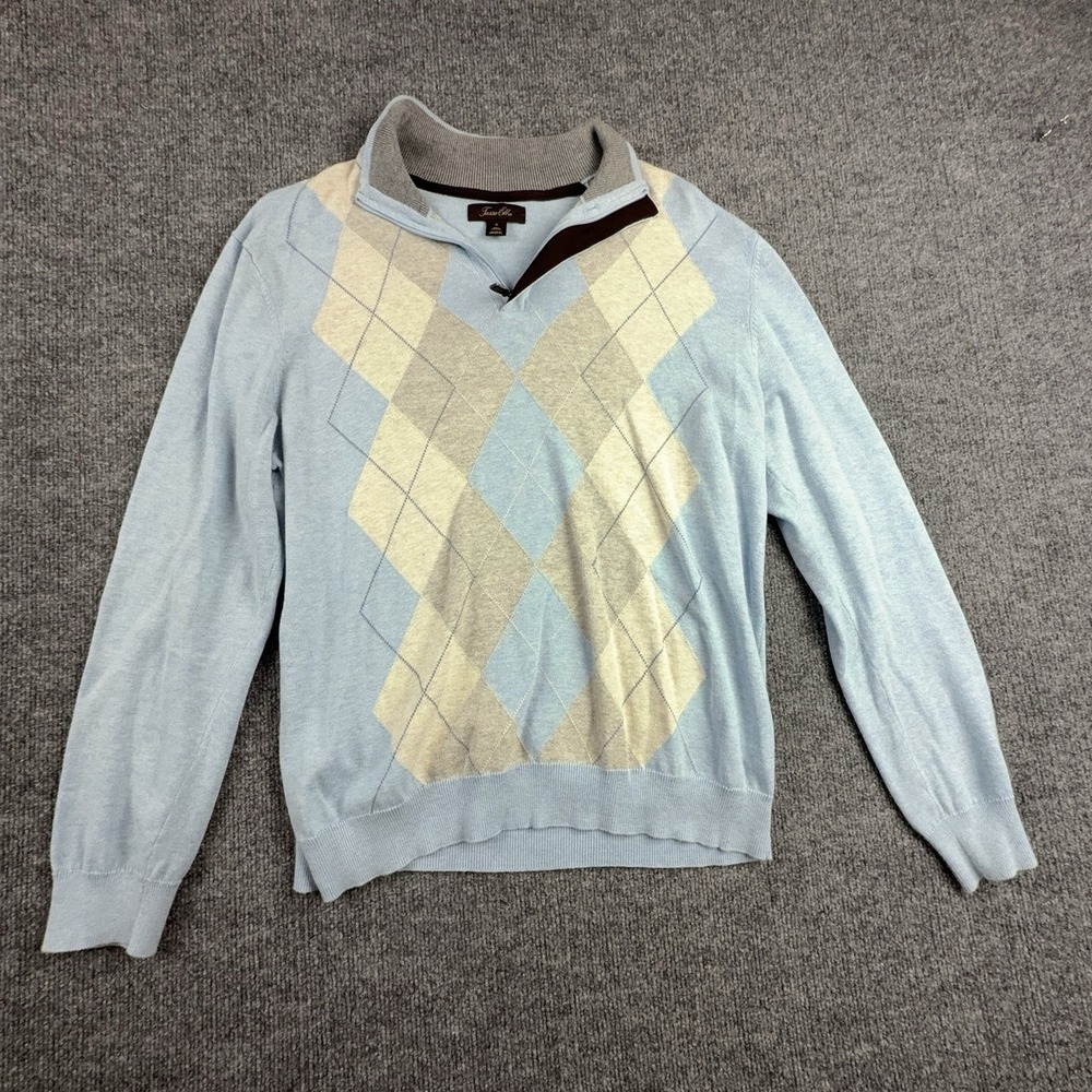 Tasso Elba Sweater Mens Small Blue 1/4 Zip Mock Neck Argyle Cotton Knit Pullover